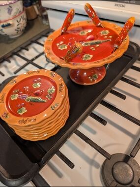 GANZ Orange and Red Floral Appetizer Plates with Pedestal Server